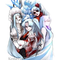 5girls angela_(project_moon) arms_behind_back aspiration_(e.g.o) blood blood_in_hair blood_on_clothes blue_hair closed_eyes closed_mouth dress e.g.o_(project_moon) frost_shard_(e.g.o) grin hair_intakes highres library_of_ruina lobotomy_corporation long_hair looking_at_viewer marionette_(e.g.o) multiple_girls one_side_up parted_bangs project_moon red_eyes remorse_(e.g.o) simle simple_background smile very_long_hair white_background white_dress wrist_cutter_(e.g.o) yatsumeunagi