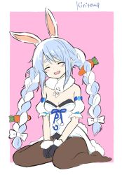 Rule 34 | 1girl, :d, ^ ^, animal ear fluff, animal ears, bare shoulders, between legs, black gloves, black leotard, blue hair, blush, border, bow, braid, breasts, brown pantyhose, carrot hair ornament, closed eyes, commentary request, detached sleeves, don-chan (usada pekora), dress, facing viewer, food-themed hair ornament, full body, fur-trimmed dress, fur-trimmed gloves, fur trim, gloves, hair bow, hair ornament, hand between legs, highres, hololive, kiritoma, leotard, multicolored hair, no shoes, open mouth, pantyhose, pink background, puffy short sleeves, puffy sleeves, rabbit ears, rabbit girl, rabbit tail, short sleeves, signature, sitting, small breasts, smile, solo, strapless, strapless dress, strapless leotard, tail, twin braids, twintails, two-tone hair, usada pekora, usada pekora (1st costume), virtual youtuber, wariza, white border, white bow, white dress, white hair, white sleeves
