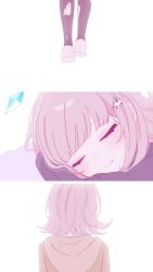 1girl blush brown_hair chi_gu closed_eyes closed_mouth danganronpa_(series) danganronpa_2:_goodbye_despair danganronpa_3_(anime) flipped_hair galaga highres hope&#039;s_peak_academy_school_uniform nanami_chiaki school_uniform smile spaceship_hair_ornament thighhighs torn_clothes torn_thighhighs