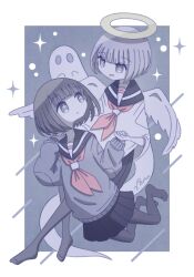 Rule 34 | 2girls, angel, angel wings, black pantyhose, ghost, halo, highres, holding hands, long sleeves, looking at another, miniskirt, multiple girls, neckerchief, no shoes, omochi noa, original, pantyhose, pleated skirt, red neckerchief, school uniform, serafuku, skirt, wings