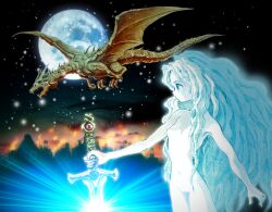 1girl akai_takami blue_eyes breasts colored_skin commentary_request completely_nude dragon dragon_goroshi fantasy fire full_moon highres long_hair moon night nude sky small_breasts snowing very_long_hair western_dragon white_hair white_skin