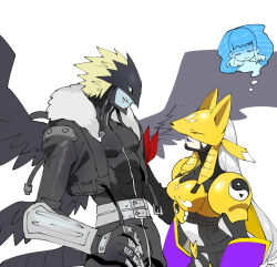 Rule 34 | 1boy, 2girls, 3girls, armor, beelzebumon, beelzebumon blast mode, black bodysuit, black jacket, black shirt, black wings, blonde hair, blue skin, bodysuit, breastplate, breasts, colored skin, covered eyes, cowboy shot, demon boy, digimon, digimon (creature), digimon tamers, feathered wings, fox mask, from side, gold armor, green eyes, jacket, long hair, looking at another, makino ruki, mask, medium breasts, multiple girls, profile, purple lips, sakuyamon, shirt, short hair, shoulder armor, simple background, skin tight, spiked hair, third eye, very long hair, white background, wings, yin yang, yuriyuri (ccc)