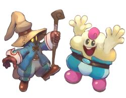 2boys absurdres arms_up belt brown_footwear brown_gloves dakusuta final_fantasy final_fantasy_ix gloves hat highres holding holding_staff mallow_(mario) mario_(series) multiple_boys nintendo pants pink_shoes shoes staff striped_clothes striped_pants super_mario_rpg vivi_ornitier white_background wizard_hat