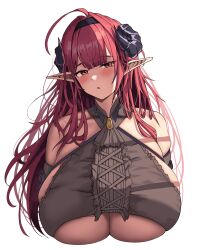 1girl ahoge azur_lane black_horns blush breasts clothing_cutout collar crop_top curled_horns demon_horns forward-facing_horns hairband highres hindenburg_(azur_lane) horns huge_breasts looking_at_viewer mua_(mua_pb) open_mouth pointy_ears red_eyes red_hair simple_background solo underboob underboob_cutout upper_body white_background
