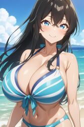 Rule 34 | 1girl, ai-generated, bikini, black hair, blue eyes, blue sky, breasts, cleavage, horizon, jkhenry, sakurai rina, sky, striped bikini, striped clothes, swimsuit