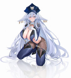 1girl absurdres alternate_costume azur_lane black_shoes blue_eyes blue_hat blue_thighhighs breasts brown_pantyhose cleavage commentary droopy_ears earrings gloves grey_hair hand_on_own_chest hat highres huge_breasts jewelry kneeling long_hair looking_at_viewer multiple_earrings navel pantyhose police police_hat police_uniform reflection revealing_clothes shinano_(azur_lane) shoes shuiguo_galiji simple_background solo thighhighs very_long_hair white_background white_gloves