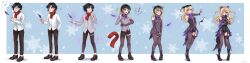 ! 1boy 1girl ? absurdres black_boots black_hair black_thighhighs blonde_hair blush boots breasts brown_pants brown_shoes clenched_teeth closed_eyes crossed_arms electricity elisabetlis eyepatch feathers fischl_(genshin_impact) gem genderswap genderswap_(mtf) genshin_impact green_eyes hand_on_own_crotch highres long_hair long_image multicolored_hair original pants red_scarf scarf sequential shirt shoes small_breasts surprised teeth thighhighs transformation transforming_clothes trembling two-tone_hair two_side_up white_shirt wide_image