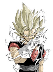 Rule 34 | 1boy, black pants, black shirt, blonde hair, dougi, dragon ball, dragonball z, earrings, electricity, fenyon, gloves, green hair, highres, jewelry, limited palette, male focus, medium hair, orange shirt, pants, potara earrings, shirt, simple background, smirk, solo, spiked hair, super saiyan, super saiyan 1, upper body, vegetto, white background, white gloves