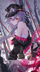 Rule 34 | 1girl, absurdres, ai dongdong, bare shoulders, belt chain, black hat, black jacket, black ribbon, black skirt, chain, chinese commentary, clothes down, commentary request, cowboy shot, crop top, from side, grey hair, hair between eyes, hair ribbon, hat, herrscher of sentience, herrscher of sentience (turn up the music!), highres, honkai (series), honkai impact 3rd, jacket, long hair, looking at viewer, official alternate costume, outdoors, parted lips, red eyes, ribbon, shirt, skirt, smile, snowing, solo, very long hair, white shirt, yellow pupils
