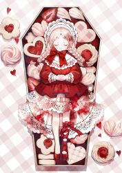 1girl absurdres ambiguous_red_liquid bow box braid closed_eyes coffin commentary_request cookie dress food frilled_dress frills fruit full_body hair_bow heart heart-shaped_cookie heart-shaped_food highres hitoba in_box in_container interlocked_fingers jam lace lace-trimmed_dress lace_trim leg_ribbon long_hair long_sleeves lying on_back original red_bow red_dress red_ribbon red_shoes red_theme ribbon shoes solo straight-on strawberry strawberry_slice thumbprint_cookie twin_braids