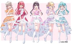 5girls alternate_costume black_bow black_hair blonde_hair blue_choker blue_dress blue_eyes blue_hair boots bow braid cat_o-ring choker collarbone collared_dress colored_inner_hair commentary_request double-parted_bangs dress earrings fang frilled_dress frills green_eyes grey_hair hair_bow hair_ornament hair_ribbon hairclip hairpin hamico heart heart_hands heart_o-ring heart_ornament highres idol_clothes iris_black_games jewelry kaga_nazuna komori_met kurumi_noah layered_dress long_hair low_twintails lupinus_virtual_games medium_hair multicolored_hair multiple_girls nekota_tsuna o-ring o-ring_thigh_strap one_side_up open_mouth orange_choker orange_dress orange_eyes own_hands_together pink_bow pink_choker pink_dress pink_eyes pink_ribbon pointy_hair puffy_short_sleeves puffy_sleeves purple_choker purple_dress red_choker red_dress red_hair ribbon sample_watermark shiranami_ramune short_sleeves sidelocks simple_background standing star_o-ring star_ornament thigh_strap tiara twintails two-tone_hair two_side_up virtual_youtuber vspo! watermark white_boots