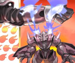 1boy absurdres agnimon armor blue_fire clenched_hand commentary cowboy_shot digimon digimon_(creature) dragon evolutionary_line fire glowing glowing_eyes hand_focus highres horns level-00 red_armor red_background red_eyes solo_focus symbol-only_commentary vritramon