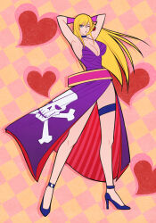 1girl arm_tattoo armpits arms_behind_head b._jenet blonde_hair blowing_kiss blue_eyes breasts cleavage dress fatal_fury fatal_fury:_city_of_the_wolves feet heart high_heels highres large_breasts long_hair looking_at_viewer pink_lips puckered_lips purple_dress sideboob snk solo tattoo the_king_of_fighters thighhighs