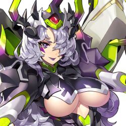 Rule 34 | 1girl, arachne (last origin), armor, breasts, clothing cutout, female focus, game cg, grey hair, hair over one eye, head ornament, high collar, large breasts, last origin, lipstick, looking at viewer, makeup, mar10, medium hair, messy hair, official art, one eye covered, open mouth, power armor, power suit, purple eyes, purple lips, smile, transparent background, underboob, underboob cutout, upper body