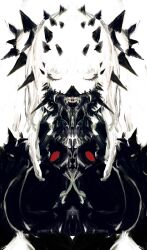 1girl black_dress closed_eyes dress highres long_hair mask original simple_background solo spiked teeth white_background white_hair wogxkzcbeqlvrii