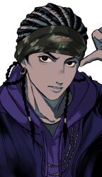 1boy abinofa adam&#039;s_apple bandana black_eyes black_hair camouflage_bandana chain chain_necklace collarbone cornrows douan_kazusato drawstring furrowed_brow highres hood hood_down hoodie hypnosis_mic hypnosis_mic:_rule_the_stage jacket jacket_over_hoodie jewelry light_frown long_hair looking_at_viewer male_focus multiple_necklaces muted_color necklace open_clothes open_jacket parted_lips pointing pointing_at_self portrait purple_hoodie purple_jacket sideburns simple_background solo v-shaped_eyebrows white_background