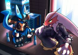 2others asymmetrical_pants belt bird black_fur black_jacket black_pants blaziken blaziken_(punk) blonde_hair blue_eyes blue_fur bottle bracelet candy chain chicken clothed_pokemon colored_sclera creatures_(company) cropped_jacket dog fewer_digits food furry game_freak gen_3_pokemon gen_4_pokemon highres holding holding_candy holding_food holding_lollipop jacket jewelry lollipop long_hair looking_at_viewer lucario multiple_others netiel nintendo outdoors pants pokemon pokemon_(creature) pokemon_unite red_eyes spiked_bracelet spikes squatting tail yellow_sclera
