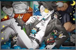 Rule 34 | 1girl, 3boys, addison (deltarune), animal ears, ant tenna, arisann, belt, black belt, black hair, black jacket, black skirt, blush, bow, bowtie, cat, cat boy, cat ears, cat tail, covering another&#039;s eyes, crt, cursor, dark-skinned female, dark skin, deltarune, gloves, grey hair, hand on another&#039;s face, heterochromatic eyewear, highres, holding, holding letter, jacket, letter, male focus, multiple boys, necktie, noelle holiday, object head, pants, pipis (deltarune), pointy nose, red bow, red bowtie, red jacket, shadowguy (deltarune), short hair, skirt, smile, spamton g. spamton, tail, tinted eyewear, white gloves, white pants, yellow necktie