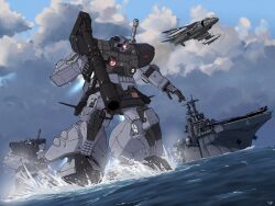 aircraft aircraft_carrier airplane av_8b_harrier_ii bazooka_(gundam) cloud cloudy_sky commentary english_commentary fighter_jet glowing glowing_eye gundam helicopter highres holding holding_weapon mecha mecha_focus mfi_foxglove military_vehicle mobile_suit_gundam no_humans ocean one-eyed rah-66_comanche rick_dom robot science_fiction ship sky vehicle_request warship watercraft weapon