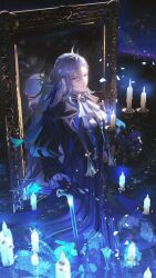 1boy 1girl absurdres aoiinu0125 ascot asymmetrical_bangs blue_coat blue_hair candle candlestand cane coat cowlick fire furina_(genshin_impact) genshin_impact highres holding holding_cane lapels light_blue_hair multicolored_hair neuvillette_(genshin_impact) partially_submerged picture_frame standing streaked_hair water white_ascot white_hair