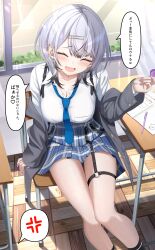 1girl 1other parallel_hairclips absurdres anger_vein arm_support belt black_belt blue_necktie blue_skirt blush breasts candy chain chair chest_harness cleavage closed_eyes collarbone collared_shirt commentary_request cross cross_earrings curtains day desk earrings food garter_straps gradient_hair grey_hair grey_jacket gyaru hair_between_eyes hand_up harness highres holding holding_candy holding_food holding_lollipop indoors jacket jewelry kunimine_yuzuki large_breasts lollipop long_sleeves looking_at_viewer medium_hair mesugaki multicolored_hair nail_polish necktie notebook on_chair open_clothes open_jacket open_mouth original pen plaid_clothes plaid_skirt pleated_skirt purple_nails school_chair school_desk school_uniform shirt single_earring sitting skirt solo speech_bubble spoken_anger_vein strap talking thigh_strap thighs tile_floor tiles translation_request white_shirt window