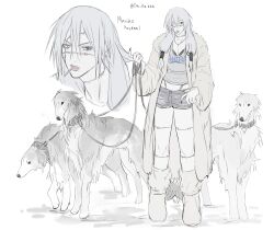 Rule 34 | 1girl, absurdres, animal, black bra, blue hair, boots, borzoi, bra, coat, da re666, dog, fingernails, full body, fur coat, genderswap, genderswap (mtf), heterochromia, highres, holding, holding leash, jujutsu kaisen, leash, long fingernails, long hair, low-tied long hair, mahito (jujutsu kaisen), pale skin, portrait, short shorts, shorts, stitched arm, stitched face, stitched leg, stitched neck, stitched torso, stitches, underwear, white background, white boots, white coat