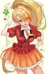 :d absurdres ascot blonde_hair breasts brown_eyes collared_shirt commentary_request cowboy_shot eyes_visible_through_hair frilled_skirt frills gloves green_streaks hair_over_one_eye hand_on_own_hip hand_up highres huwarinn99 long_bangs looking_at_viewer medium_breasts multicolored_hair nikaidou_saki open_mouth orange_ascot orange_skirt orange_streaks puffy_short_sleeves puffy_sleeves red_shirt shirt short_sleeves skirt smile standing streaked_hair white_gloves white_shirt zombie_land_saga