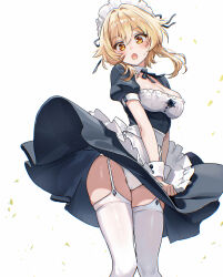 1girl absurdres alternate_costume apron black_dress blonde_hair blush breasts cleavage clothes_lift commentary_request dress enmaided frilled_apron frills garter_belt garter_straps genshin_impact highres lumine_(genshin_impact) maid maid_apron maid_headdress medium_breasts open_mouth panties short_hair short_hair_with_long_locks simple_background skirt skirt_lift solo surprised sweat textless_version thighhighs umamipesto underwear waist_apron white_apron white_background white_headdress white_panties white_thighhighs wind wind_lift yellow_eyes