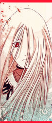 1girl armor bad_id bad_pixiv_id bodysuit claymore_(series) female_focus hair_over_one_eye highres letterboxed long_hair miata_(claymore) pauldrons red_eyes saraimer shoulder_armor solo