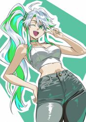 1girl bare_shoulders breasts camisole choker cleavage colored_inner_hair denim fate/grand_order fate_(series) green_eyes green_hair grey_pants hair_bobbles hair_ornament jeans kukulkan_(fate) large_breasts long_hair looking_at_viewer midriff multicolored_hair navel one_eye_closed open_mouth pants side_ponytail sidelocks smile solo white_camisole white_hair zantyarz