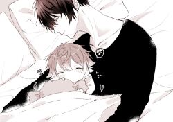 2boys ^_^ ace_trappola aged_down bed blush candy closed_eyes closed_mouth collarbone commentary_request crew_neck deuce_spade double-parted_bangs food hair_between_eyes hood hood_down hoodie long_sleeves lying male_focus mofu_twst multiple_boys musical_note on_back on_side pillow shirt short_hair sleeping speech_bubble spoken_musical_note stuffed_toy time_paradox twisted_wonderland under_covers wrapped_candy
