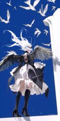 Rule 34 | 1girl, bird, black socks, black wings, dove, dress, frills, gothic lolita, hairband, high heels, highres, kneehighs, lolita fashion, lolita hairband, long hair, long sleeves, ribbon, rozen maiden, socks, solo, suigintou, toto (caaaaarrot), white hair, wings