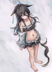 1girl ahoge animal_ears bare_shoulders barefoot bikini bikini_skirt black_bikini black_hair closed_mouth collarbone crossed_bangs ear_tag earrings ears_down frilled_bikini frills grey_hair hair_between_eyes horse_ears horse_girl horse_tail jewelry long_bangs long_hair long_hair_between_eyes looking_at_viewer manhattan_cafe_(umamusume) multicolored_hair navel off_shoulder open_clothes open_shirt shirt simple_background single_earring smile solo standing strapless strapless_bikini swimsuit tail umamusume very_long_hair white_background white_shirt yanagi_wakana yellow_eyes