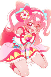 bbunyuchan0000 between_legs blush brooch choker cone_hair_bun cure_precious delicious_party_precure dress flower frilled_dress frills gloves hair_bun hairband hand_between_legs heart heart_brooch huge_bow jewelry long_hair looking_at_viewer magical_girl nagomi_yui pink_choker pink_hair precure purple_eyes sitting smile triple_bun very_long_hair wariza white_background