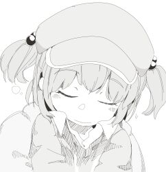 1girl backpack bag blush cactas7 closed_eyes closed_mouth flat_cap hair_bobbles hair_ornament hat highres kawashiro_nitori monochrome simple_background sleeping solo touhou upper_body white_background