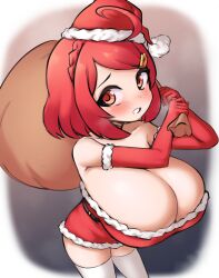 1girl bare_shoulders blush breasts cleavage elbow_gloves gloves hair_ornament hairclip hat huge_breasts looking_at_viewer oppai_loli orange_eyes parted_bangs pldf santa_costume santa_hat short_hair solo thighhighs white_thighhighs