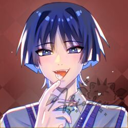 1boy abiodeu alternate_costume aqua_necktie blunt_ends bright_pupils checkered_background collared_shirt colored_inner_hair contemporary cream_in_mouth cream_on_finger eyeliner eyeshadow fang genshin_impact looking_at_viewer makeup male_focus multicolored_hair necktie official_alternate_costume open_mouth portrait purple_eyes purple_hair purple_sweater_vest red_background red_eyeliner red_eyeshadow scaramouche_(genshin_impact) school_uniform shirt signature solo straight-on sweater_vest teeth tsurime upper_teeth_only wanderer_(genshin_impact) wanderer_(mega_mgc_coffee)_(genshin_impact) watermark white_pupils white_shirt white_undershirt wispy_bangs