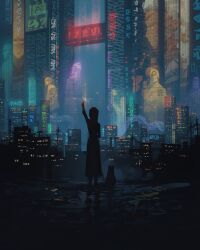 Rule 34 | 2others, animal, arm up, beach, blue theme, blurry, city lights, cityscape, dark, depth of field, fireworks, full body, highres, holding, holding fireworks, multiple others, neon lights, night, original, power lines, sam yang, scenery, sitting, sparkler, standing, translation request, utility pole