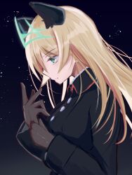 1girl absurdres animal_ears black_jacket blonde_hair brown_gloves cat_ears cat_girl gloves green_eyes heinrike_prinzessin_zu_sayn-wittgenstein highres hirschgeweih_antennas jacket long_hair military military_uniform night night_sky noble_witches profile sinosaki_cat sky solo star_(sky) upper_body world_witches_series