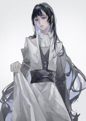 1girl ado_(utaite) black_hair black_vest blue_eyes blue_hair chando_(ado) colored_inner_hair commentary grey_shirt hashtag-only_commentary highres htt_hatuotuo long_hair mole mole_under_eye multicolored_hair open_mouth shirt simple_background skirt skirt_hold solo utaite vest white_background white_skirt