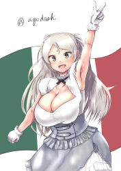 Rule 34 | 1girl, absurdres, agodashi, breasts, brown eyes, cellphone, cleavage cutout, clothing cutout, commentary request, conte di cavour (kancolle), conte di cavour nuovo (kancolle), dress, frilled dress, frills, gloves, grey dress, grey hair, highres, italian flag, kantai collection, large breasts, layered dress, long hair, phone, solo, twitter username, two-tone dress, two side up, v, white gloves