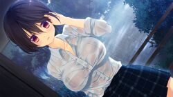 1girl black_hair blue_skirt blush bra_visible_through_clothes breasts buttons cloud cloudy_sky collared_shirt commentary_request dutch_angle hair_between_eyes hanagumanasua hand_in_own_hair hand_up highres large_breasts light_smile looking_at_viewer medium_hair original parted_lips photoshop_(medium) plaid_clothes plaid_skirt pleated_skirt rain red_eyes school_uniform see-through_clothes shirt shirt_tucked_in skirt sky solo tree wet wet_clothes wet_hair wet_shirt white_shirt window