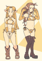 2girls bikini blonde_hair boots bracer breasts brown_hair cleavage dual_persona elbow_gloves farfinfarfin female_pubic_hair gloves gold_bikini gold_bracer gold_gloves highres in-franchise_crossover knee_boots lace-up_boots looking_at_viewer multiple_girls nintendo open-toe_boots pointy_ears princess_zelda pubic_hair pubic_hair_peek smile standing swimsuit the_legend_of_zelda the_legend_of_zelda:_a_link_between_worlds the_legend_of_zelda:_twilight_princess triforce