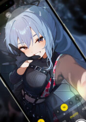 1girl absurdres asymmetrical_sleeves black_shirt black_shorts black_skirt blue_eyes blue_hair blurry blurry_background cellphone chest_harness commentary covered_navel depth_of_field double-parted_bangs gloves grin hair_between_eyes hair_ribbon half_gloves harness highres holding holding_phone hololive hoshimachi_suisei hoshimachi_suisei_(shout_in_crisis) long_hair long_sleeves looking_at_viewer mismatched_sleeves official_alternate_costume official_alternate_hairstyle outstretched_arm overskirt pencamp phone pleated_skirt ponytail reaching reaching_towards_viewer ribbon see-through_clothes see-through_midriff see-through_sleeves selfie shirt shorts single_glove single_half_glove skirt smartphone smile solo star_(symbol) star_in_eye symbol-only_commentary symbol_in_eye tile_floor tiles turtleneck turtleneck_shirt viewfinder virtual_youtuber waving
