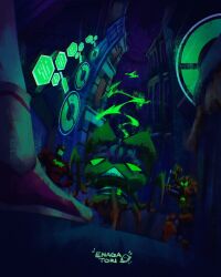 Rule 34 | 1girl, 4boys, arm cannon, armor, assault visor, ben 10, ben 10: omniverse, billy billions, brainstorm (ben 10), building, captain nemesis, commentary, crab, dark, electricity, enagatori 38, english commentary, fighting stance, glowing, glowing eyes, green eyes, helmet, highres, holographic monitor, kangaroo kommando, kangaroo print, mazuma (ben 10), multiple boys, night, omnitrix, orange helmet, power armor, red shoes, shoes, teeth, weapon