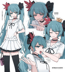 1girl absurdres aqua_eyes aqua_hair aqua_nails bag black_bow black_skirt blush bow channel_(caststation) choker clenched_teeth closed_eyes closed_mouth collar commentary crossed_arms crown dress feather_hair_ornament feathers frilled_shirt_collar frills hair_bow hair_ornament half-closed_eyes hand_on_own_hip hand_up hatsune_miku hatsune_miku_(supreme) heart heart_print highres holding holding_bag long_hair looking_at_viewer mini_crown multiple_views parted_lips pleated_dress pleated_skirt pointing project_diva_(series) red_feathers short_dress skirt smirk smug song_name speech_bubble tearing_up teeth thighhighs translated trembling twintails v-neck v-shaped_eyebrows very_long_hair vocaloid white_background white_dress world_is_mine_(vocaloid) zettai_ryouiki