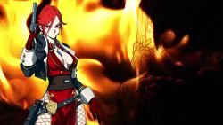 Rule 34 | 1girl, arika, breasts, cleavage, fighting ex layer, gun, highres, holster, jewelry, necklace, official art, red eyes, red hair, sharon (arika), street fighter, street fighter ex (series), tattoo, weapon, zoom layer