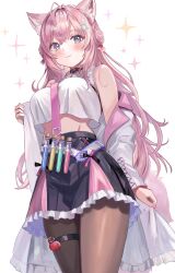 1girl absurdres animal_ears black_skirt blue_eyes blush breasts brown_pantyhose closed_mouth cowboy_shot crop_top hakui_koyori highres hololive long_hair miei pantyhose pink_hair shirt skirt sleeveless sleeveless_shirt smile solo virtual_youtuber white_shirt