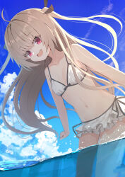 1girl :d a-pose absurdres ahoge atri atri-my_dear_moments- backlighting bare_shoulders bikini black_ribbon blue_sky blush breasts brown_hair clenched_hand cloud collarbone commentary cowboy_shot cumulonimbus_cloud day eyes_visible_through_hair floating_hair frilled_bikini frills hair_between_eyes hair_intakes hair_ribbon happy highres leaning_forward long_hair looking_at_viewer navel nodoameyatou ocean official_alternate_costume open_mouth outdoors red_eyes ribbon round_teeth sky small_breasts smile solo stomach swimsuit teeth two_side_up upper_teeth_only very_long_hair wading water white_bikini