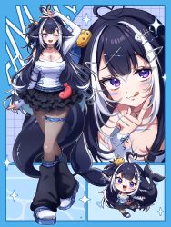 Rule 34 | 1girl, :q, absurdres, ahoge, black hair, black skirt, black socks, body markings, breasts, cetacean tail, chibi, cleavage, crown, facial mark, fins, fish skeleton hair ornament, fish tail, hair ornament, hairclip, heart, heart ahoge, highres, ichiko 1234, indie virtual youtuber, loose socks, mini crown, miniskirt, off-shoulder shirt, off shoulder, one eye closed, orca girl, pantyhose, purple eyes, shirt, shoes, shylily, skirt, sleeves past wrists, socks, tail, thigh strap, tongue, tongue out, v, virtual youtuber, white hair, white shirt, white shoes